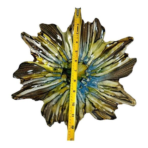 Hand Blown Glass Flower Bowl Glitter Blue Yellow Art Piece 12" Reverse Painted - Picture 5 of 7